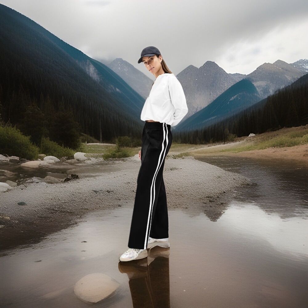 Athleta Tempo Mid Rise Wide Leg Track Pants Truffle White Stripes Size Small S